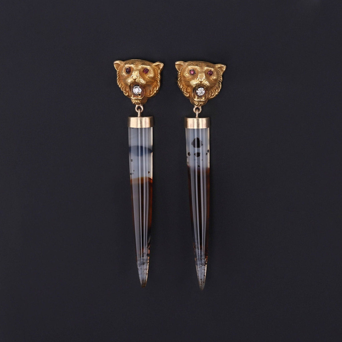 Montana Agate and Diamond Lion Conversion Earrings of 14k Gold - Trademark Antiques