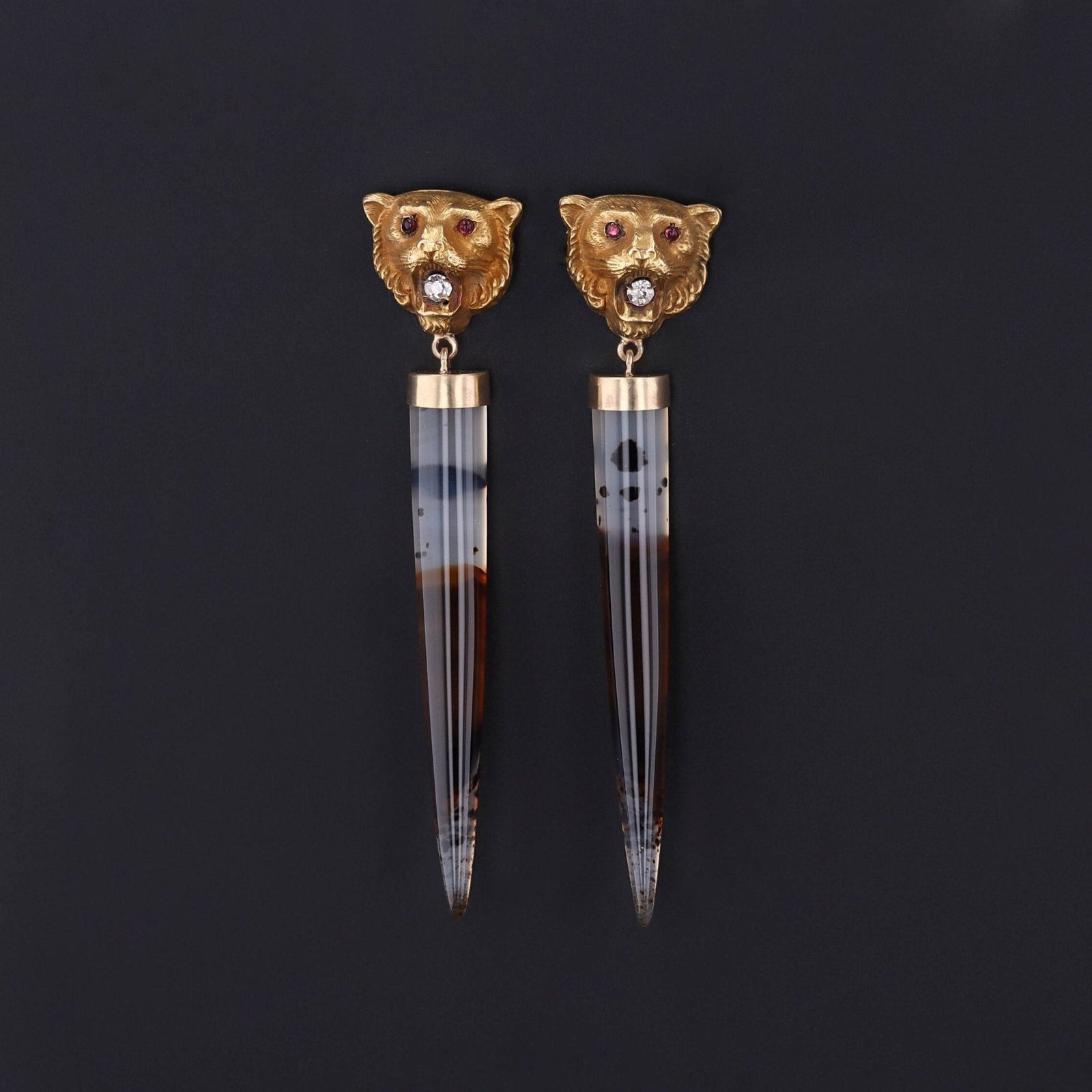 Montana Agate and Diamond Lion Conversion Earrings of 14k Gold - Trademark Antiques