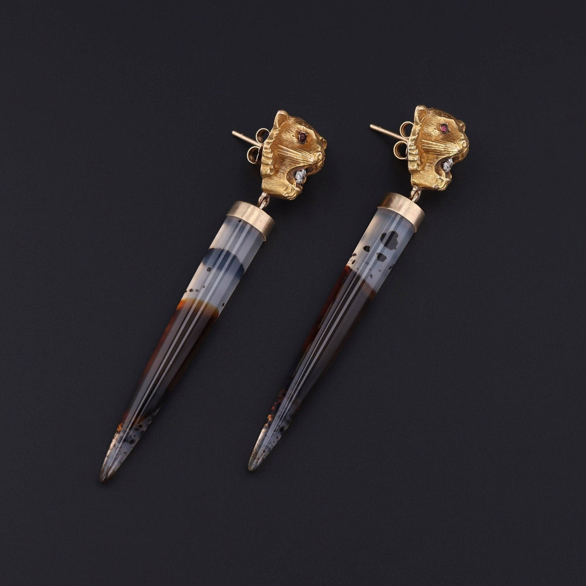 Montana Agate and Diamond Lion Conversion Earrings of 14k Gold - Trademark Antiques