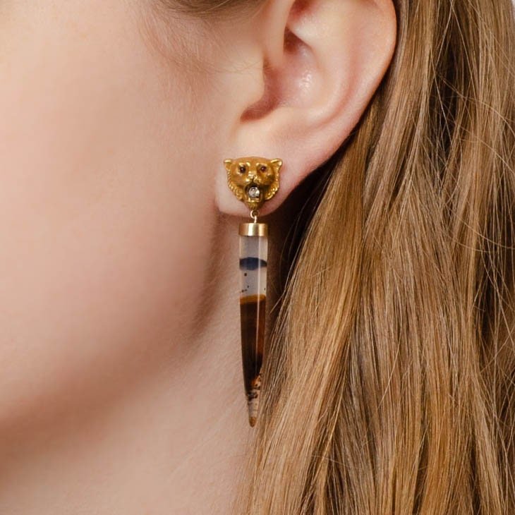 Montana Agate and Diamond Lion Conversion Earrings of 14k Gold - Trademark Antiques
