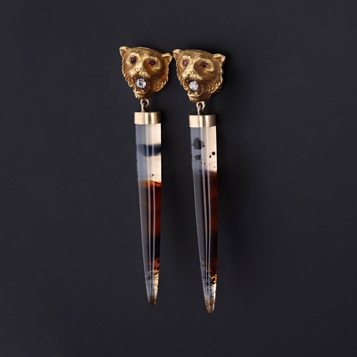 Montana Agate and Diamond Lion Conversion Earrings of 14k Gold - Trademark Antiques