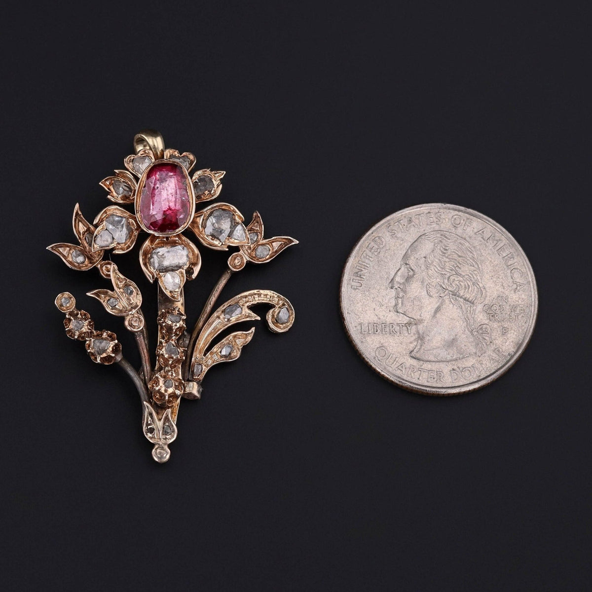 ON HOLD for C. - Georgian Diamond and Foil Backed Spinel Flower Pendant of 9ct Gold - Trademark Antiques