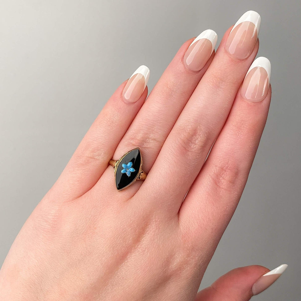 Onyx and Enamel Flower Ring of 14k Gold - Trademark Antiques