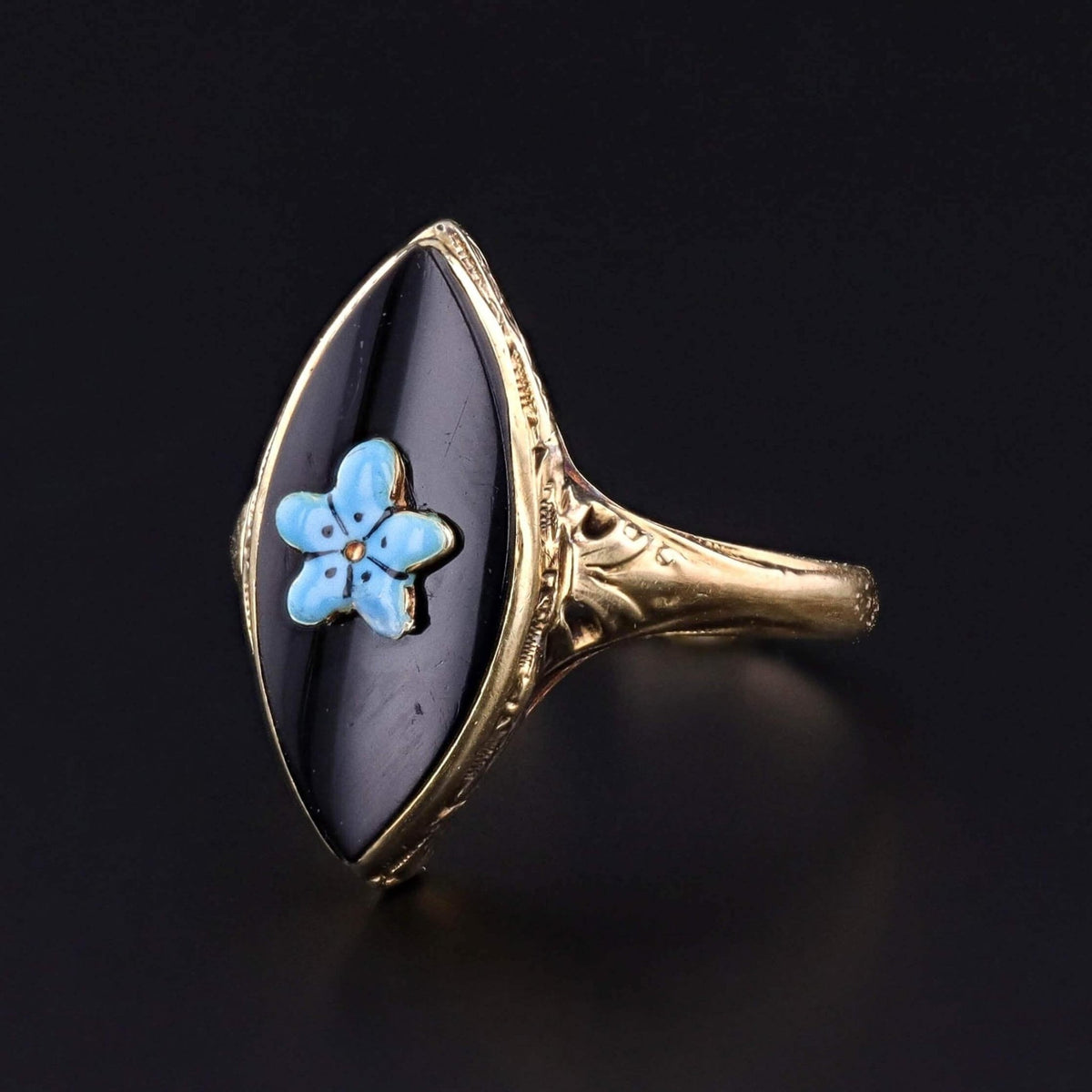 Onyx and Enamel Flower Ring of 14k Gold - Trademark Antiques