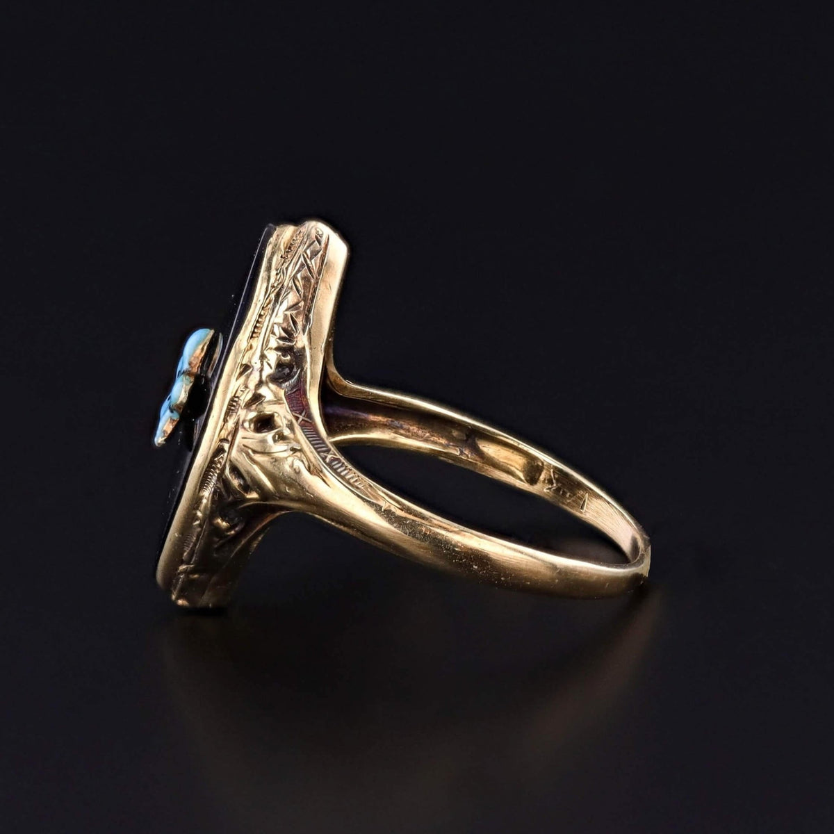 Onyx and Enamel Flower Ring of 14k Gold - Trademark Antiques