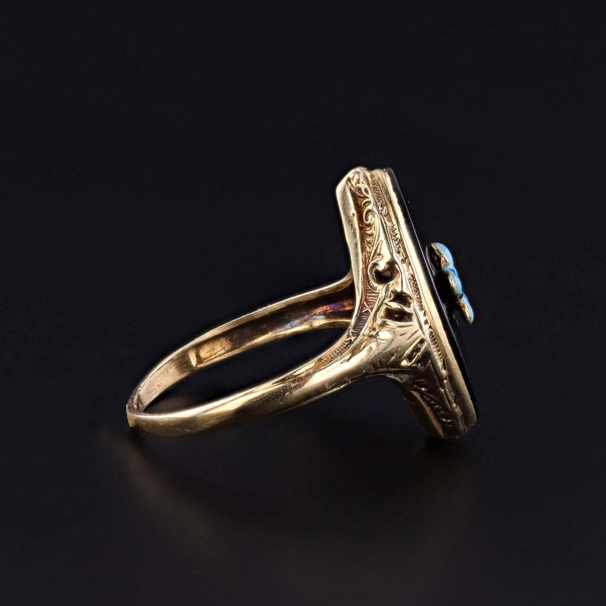 Onyx and Enamel Flower Ring of 14k Gold - Trademark Antiques