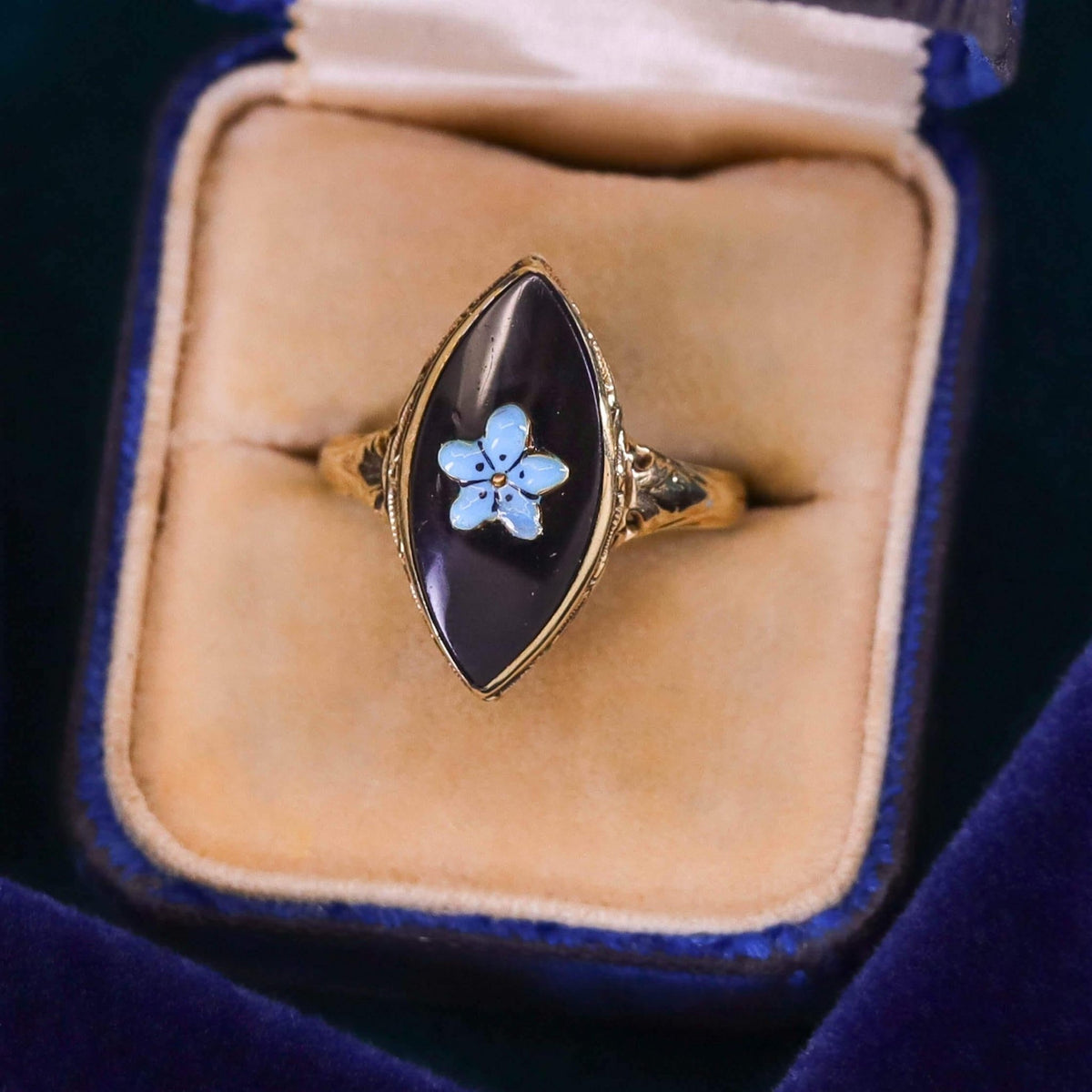 Onyx and Enamel Flower Ring of 14k Gold - Trademark Antiques