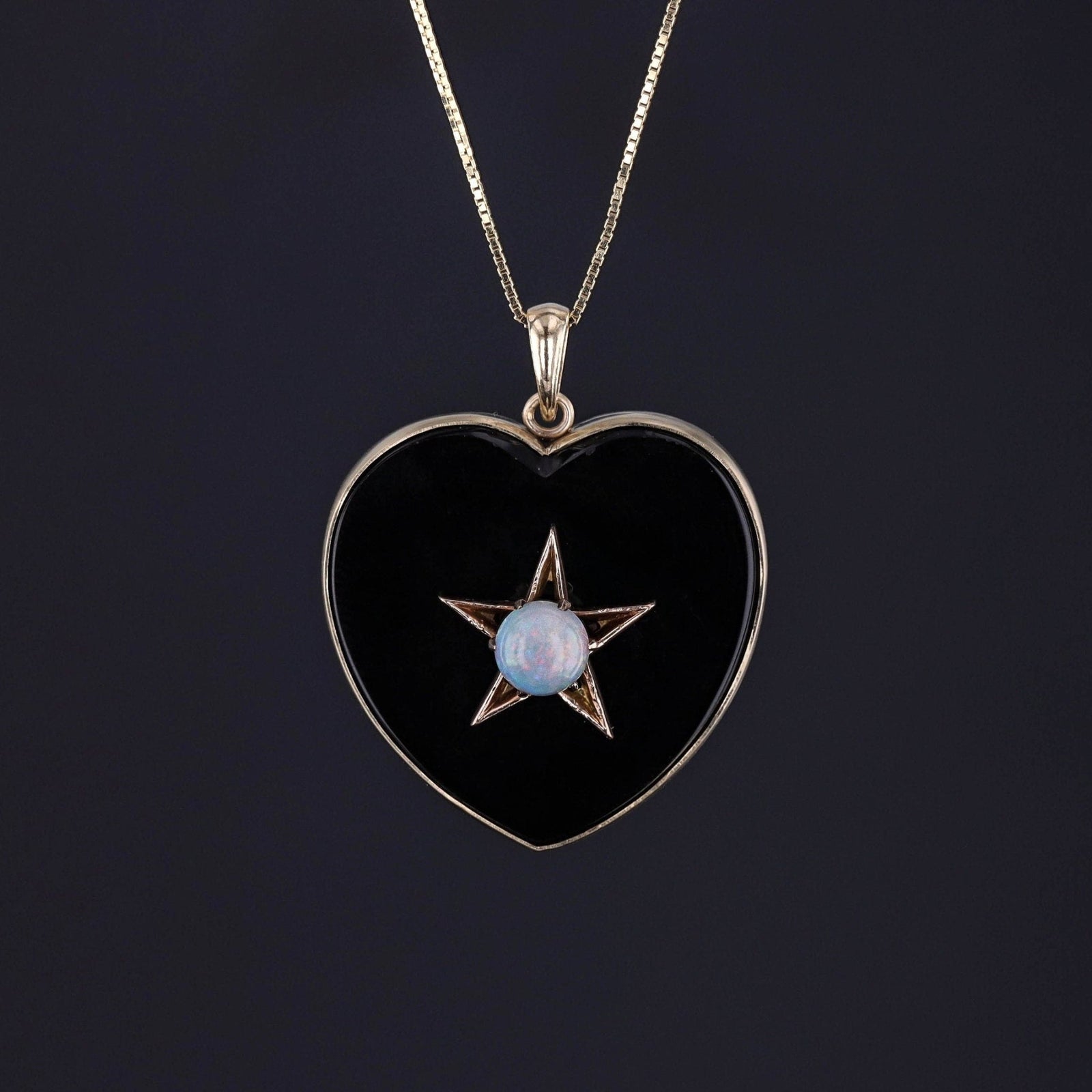 Onyx and Opal Heart Conversion Pendant of 14k Gold - Trademark Antiques