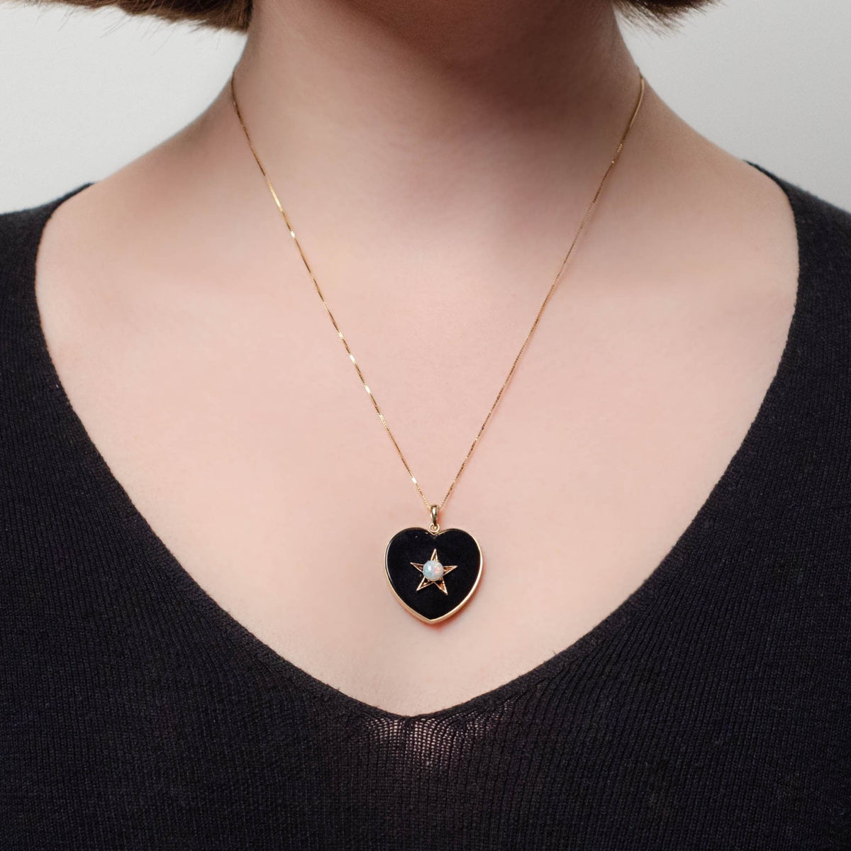 Onyx and Opal Heart Conversion Pendant of 14k Gold - Trademark Antiques