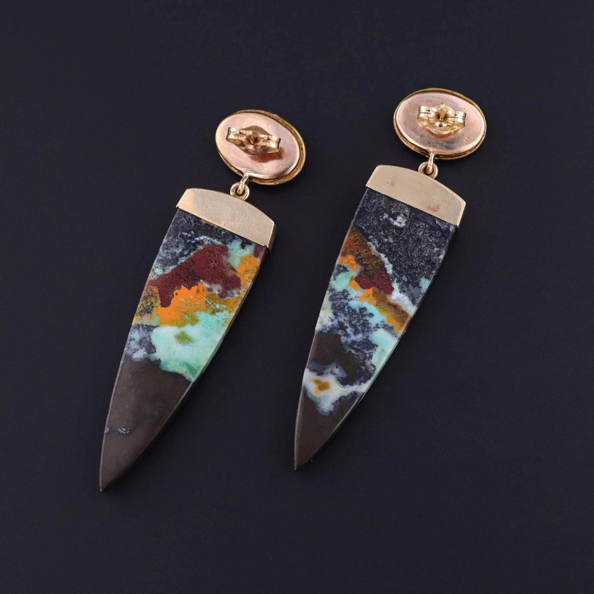Opalized Wood and Turquoise Earrings of 14k Gold - Trademark Antiques