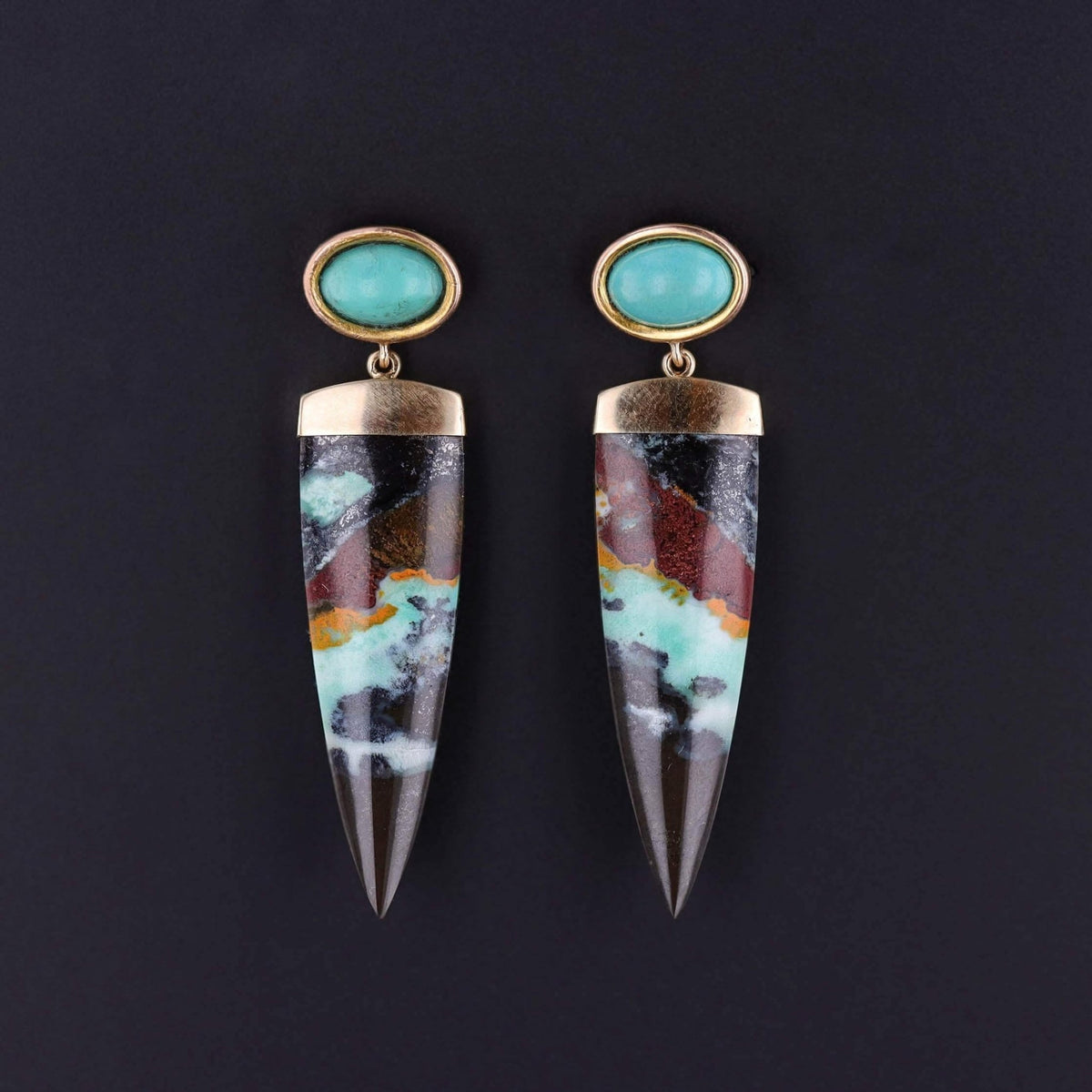 Opalized Wood and Turquoise Earrings of 14k Gold - Trademark Antiques
