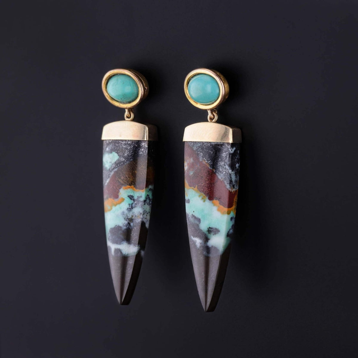 Opalized Wood and Turquoise Earrings of 14k Gold - Trademark Antiques