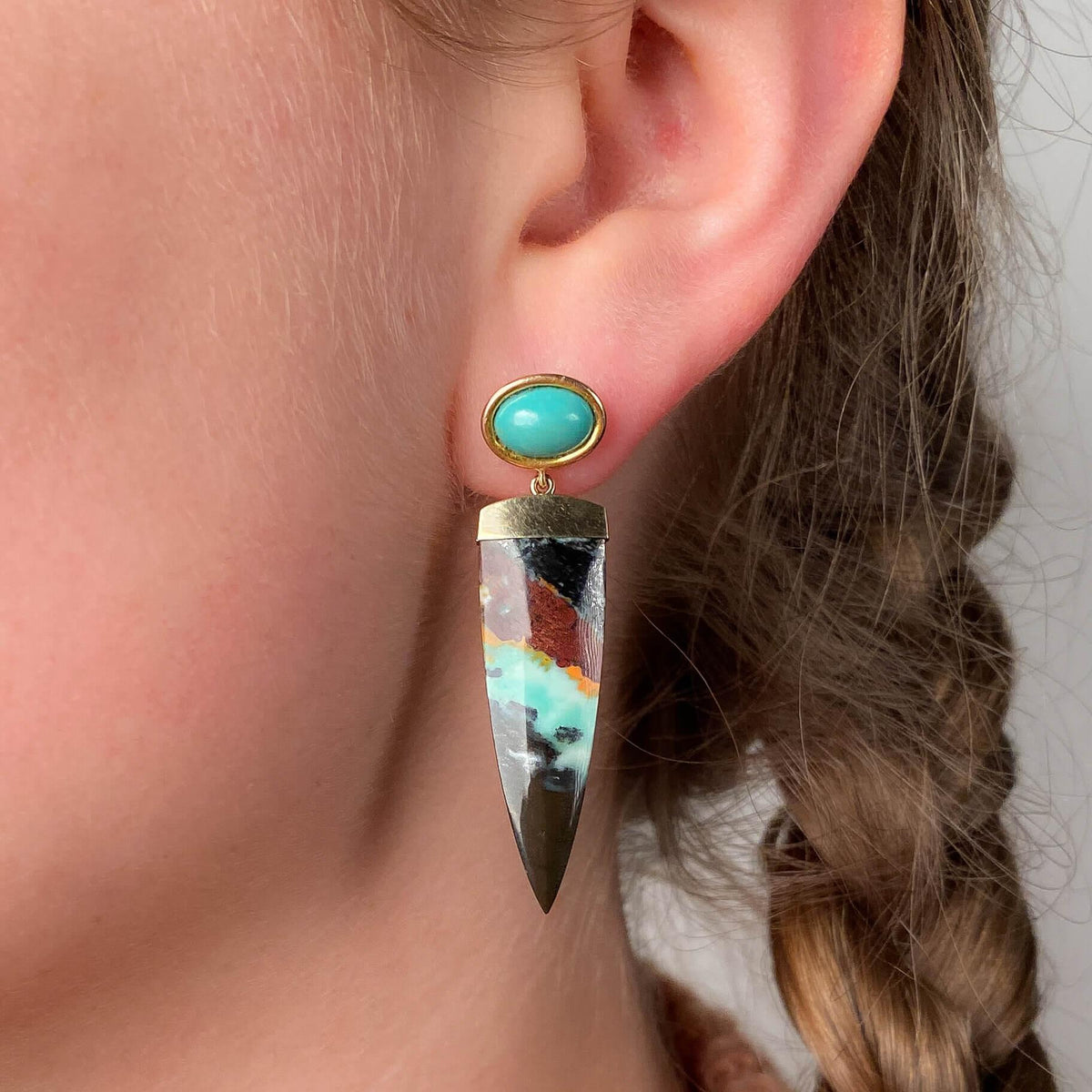 Opalized Wood and Turquoise Earrings of 14k Gold - Trademark Antiques