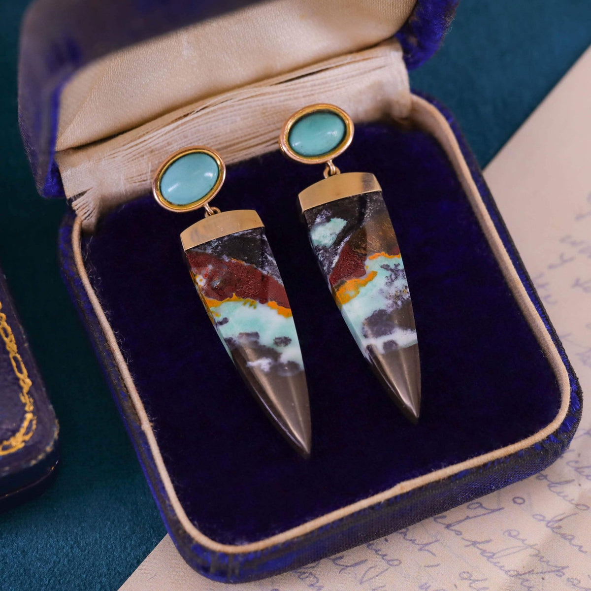 Opalized Wood and Turquoise Earrings of 14k Gold - Trademark Antiques