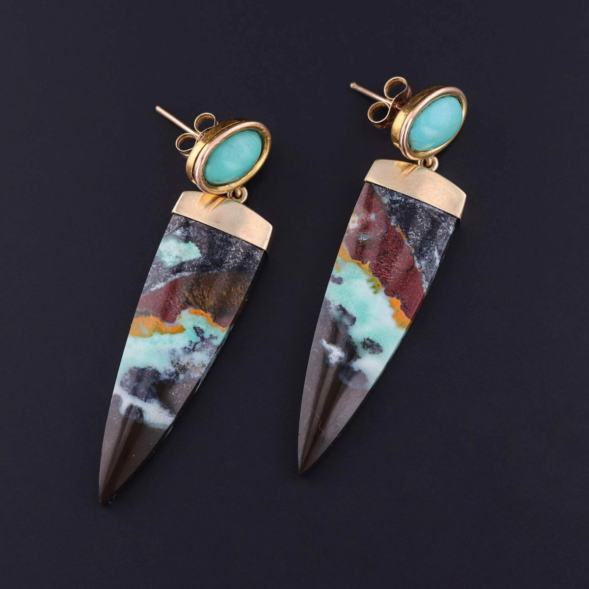 Opalized Wood and Turquoise Earrings of 14k Gold - Trademark Antiques