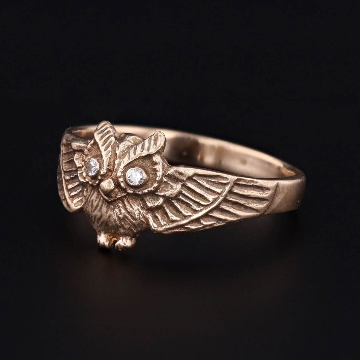 Owl with Diamond Eyes Ring of 14k Gold Antique Reproduction - Trademark Antiques