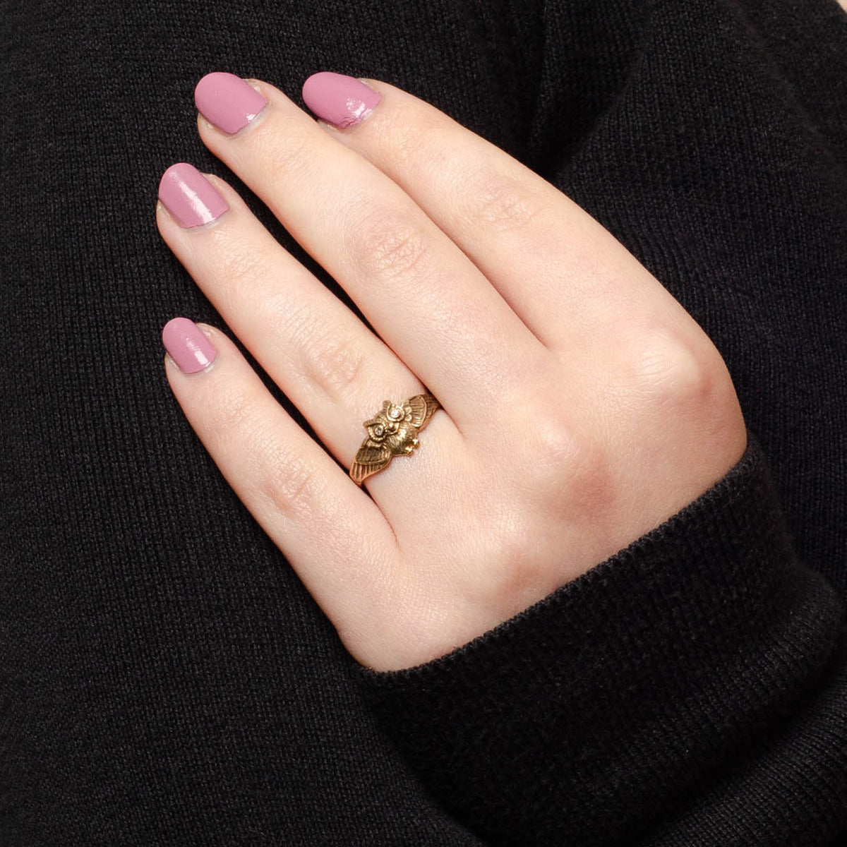 Owl with Diamond Eyes Ring of 14k Gold Antique Reproduction - Trademark Antiques