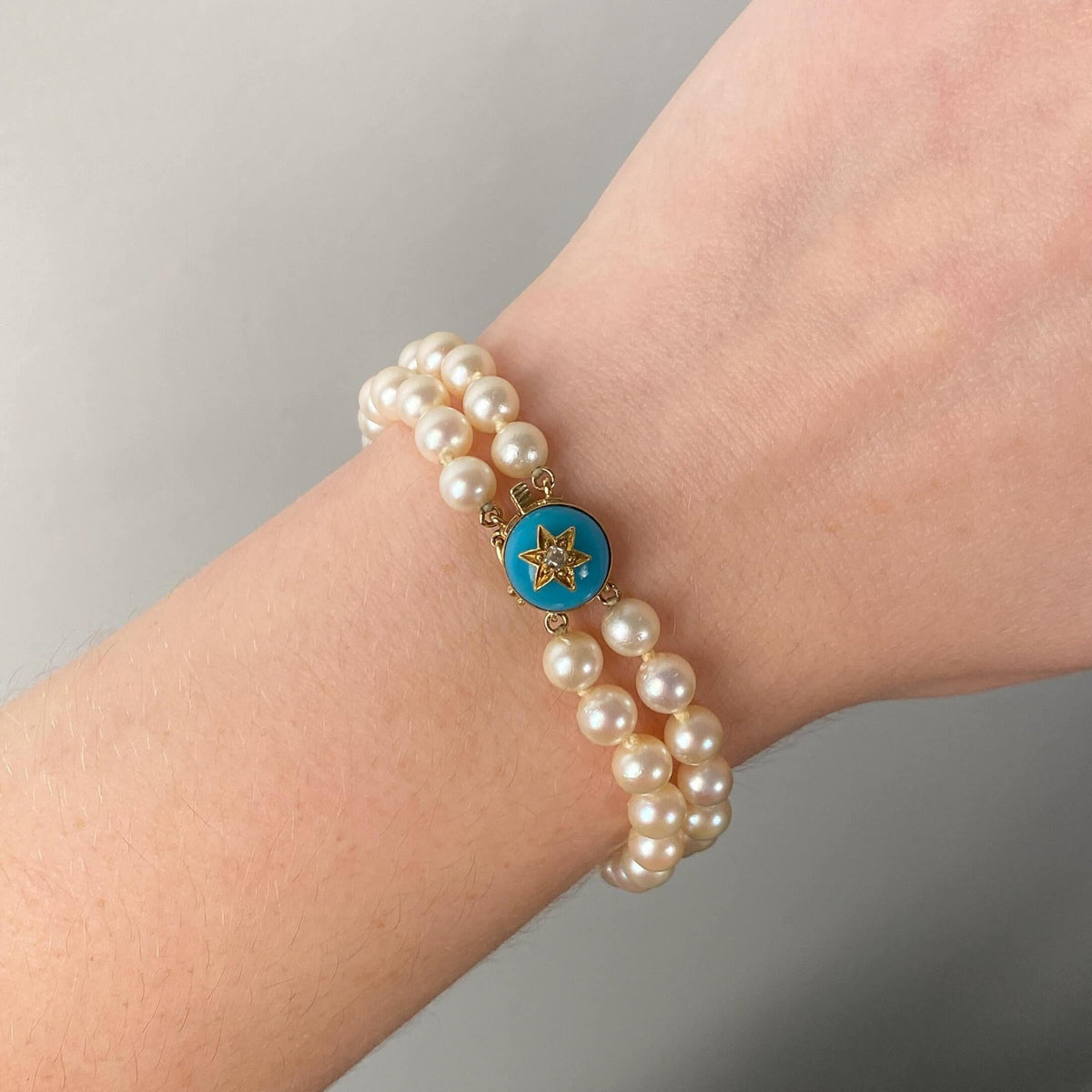 Pearl and Turquoise Glass Star Bracelet of 14k Gold - Trademark Antiques