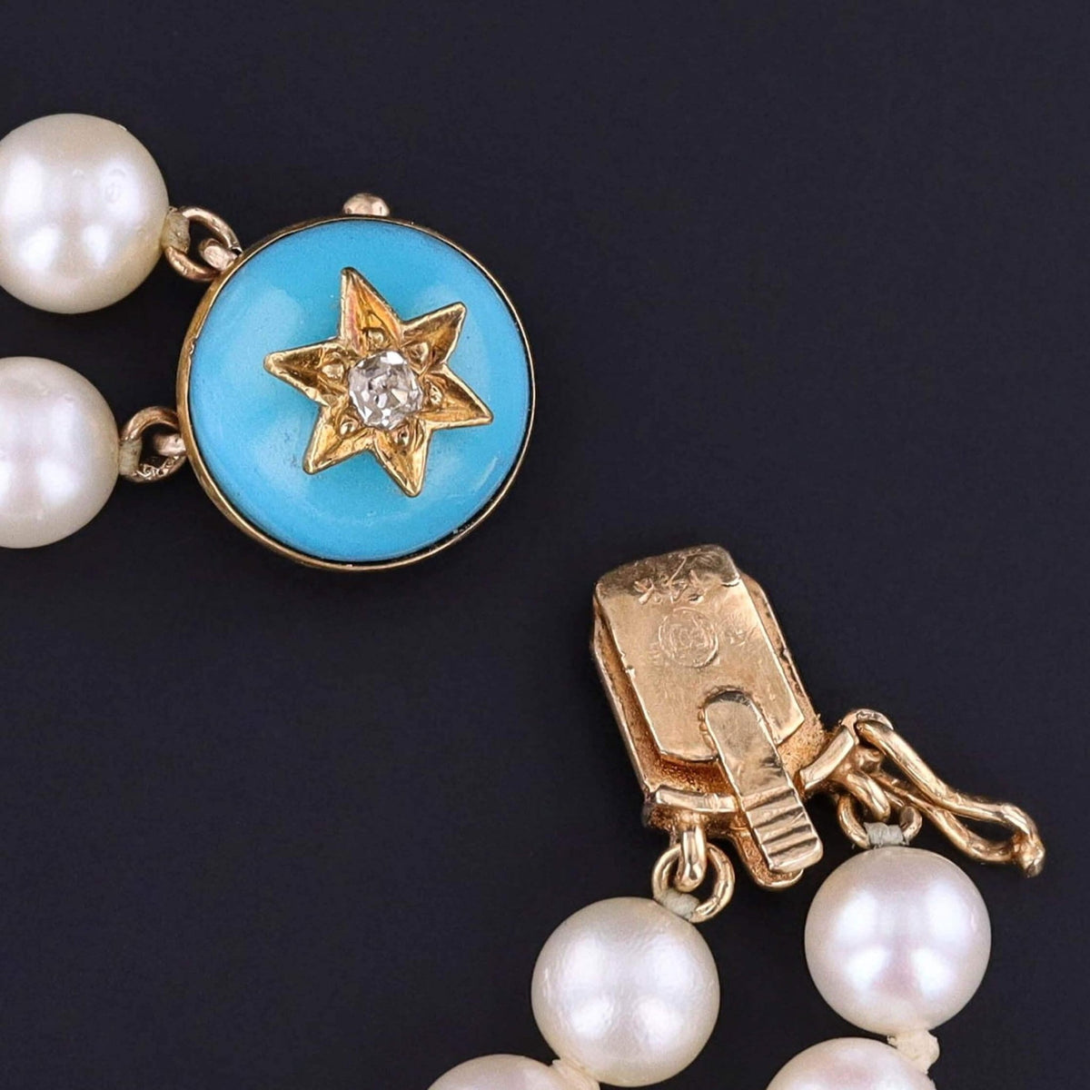 Pearl and Turquoise Glass Star Bracelet of 14k Gold - Trademark Antiques
