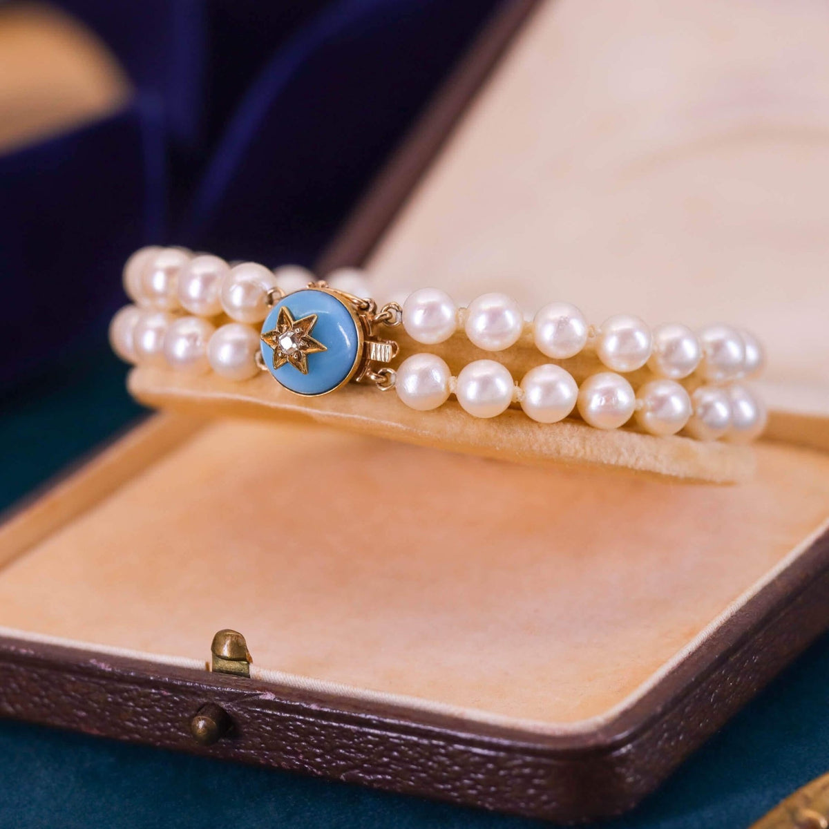 Pearl and Turquoise Glass Star Bracelet of 14k Gold - Trademark Antiques
