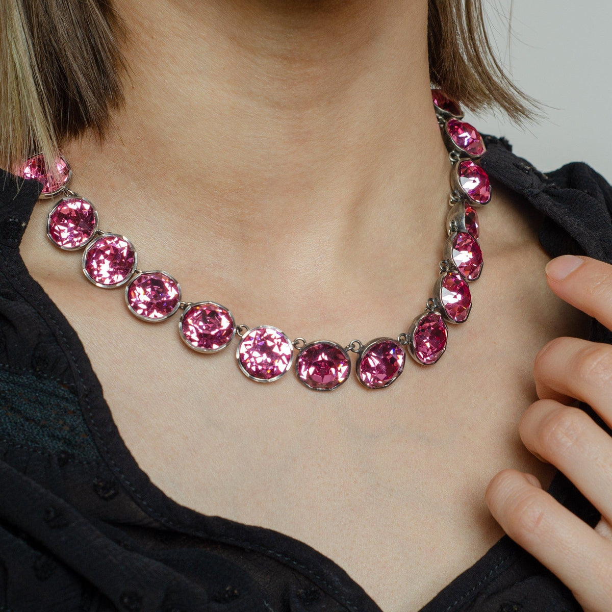 Pink Paste Riviere Necklace | Silver Riviere with 14k Gold Clasp - Trademark Antiques