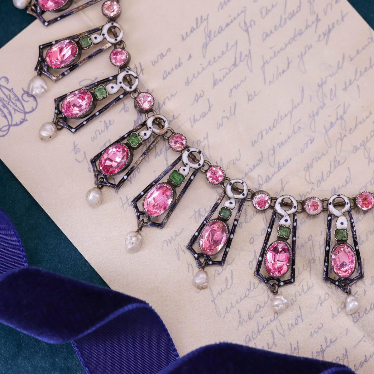 Renaissance Revival Fringe Necklace with Pink Crystals - Trademark Antiques