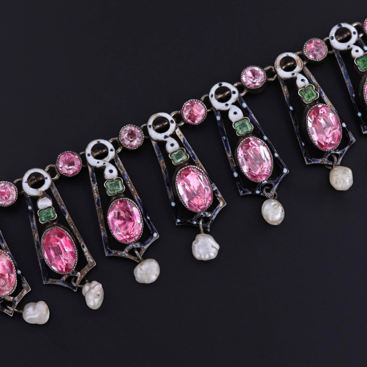 Renaissance Revival Fringe Necklace with Pink Crystals - Trademark Antiques