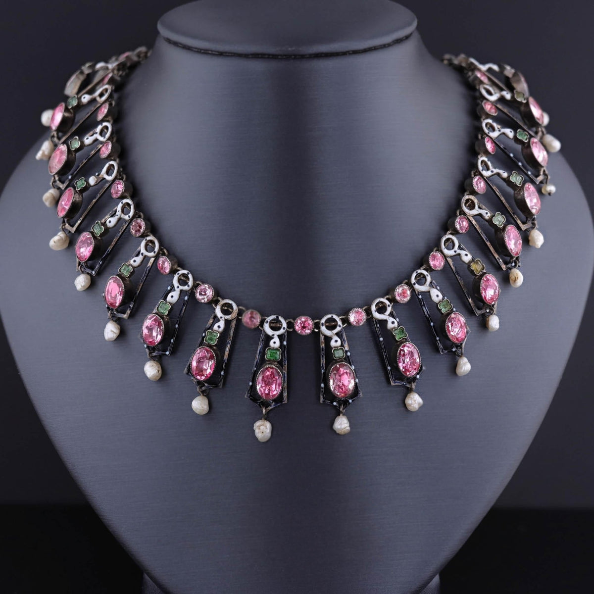 Renaissance Revival Fringe Necklace with Pink Crystals - Trademark Antiques
