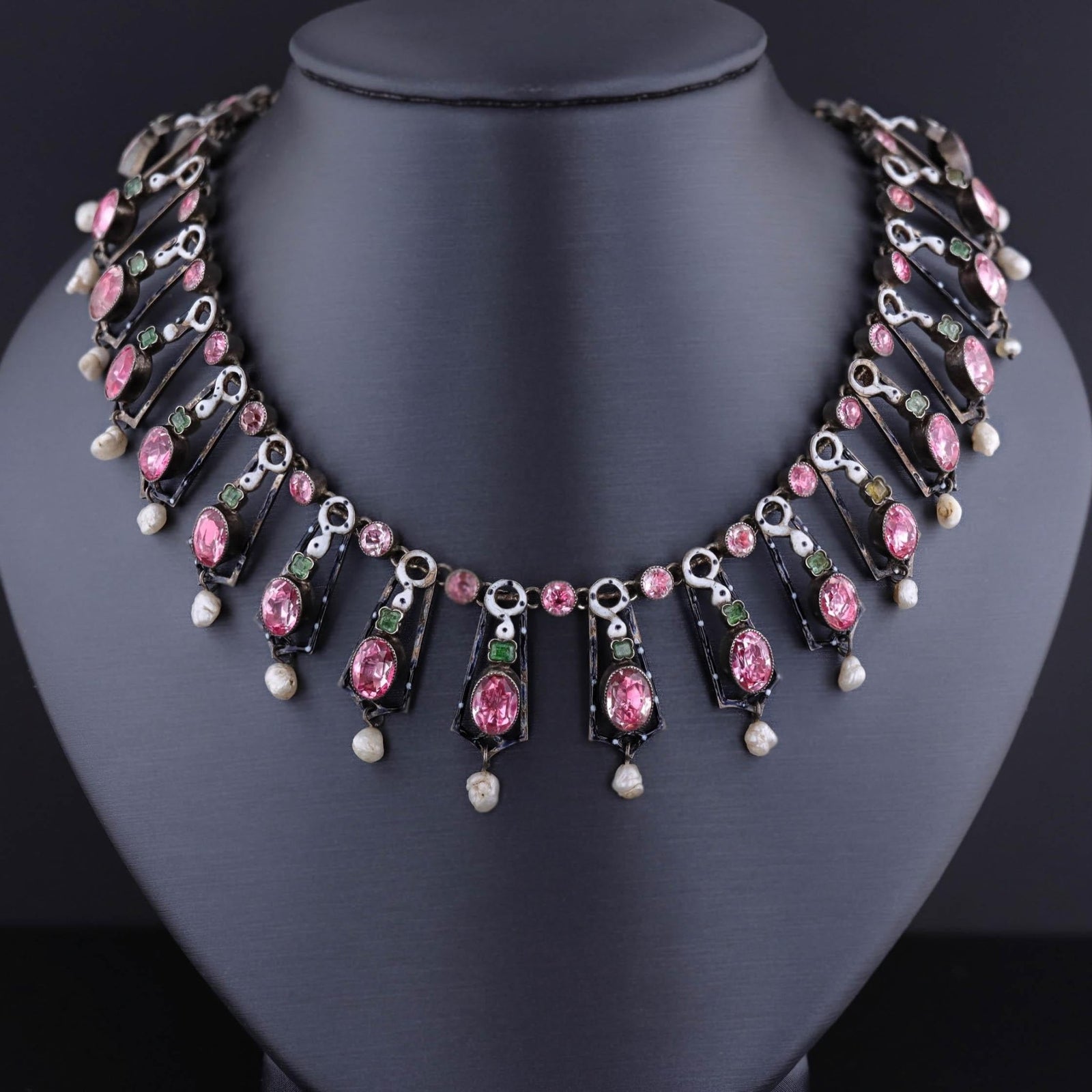 Renaissance Revival Fringe Necklace with Pink Crystals - Trademark Antiques