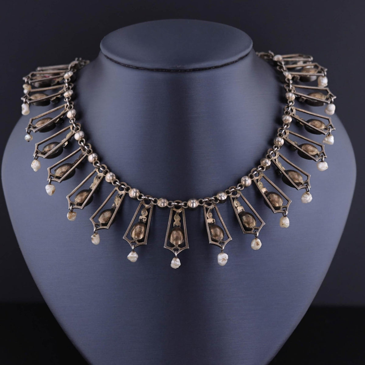 Renaissance Revival Fringe Necklace with Pink Crystals - Trademark Antiques