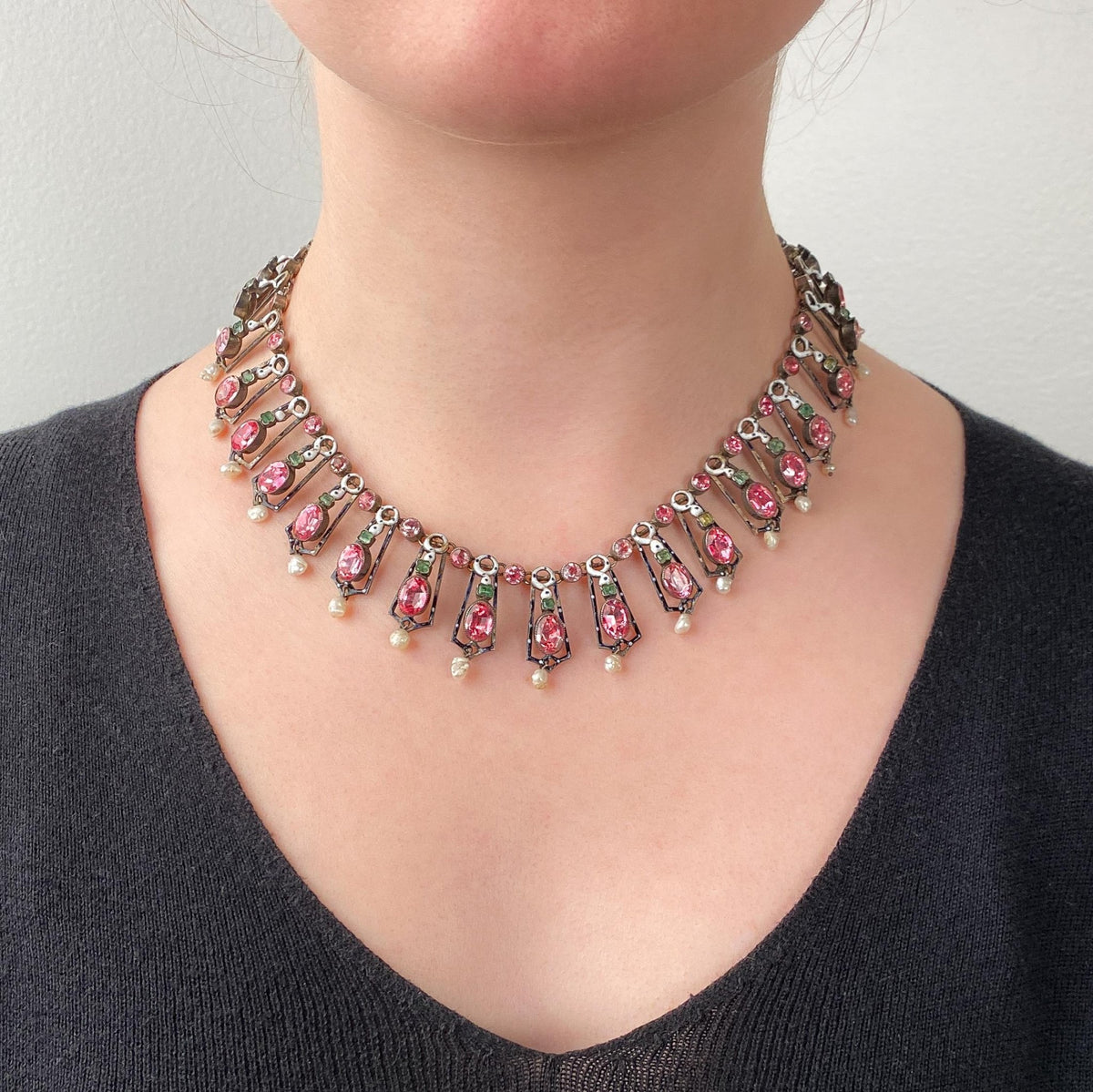 Renaissance Revival Fringe Necklace with Pink Crystals - Trademark Antiques