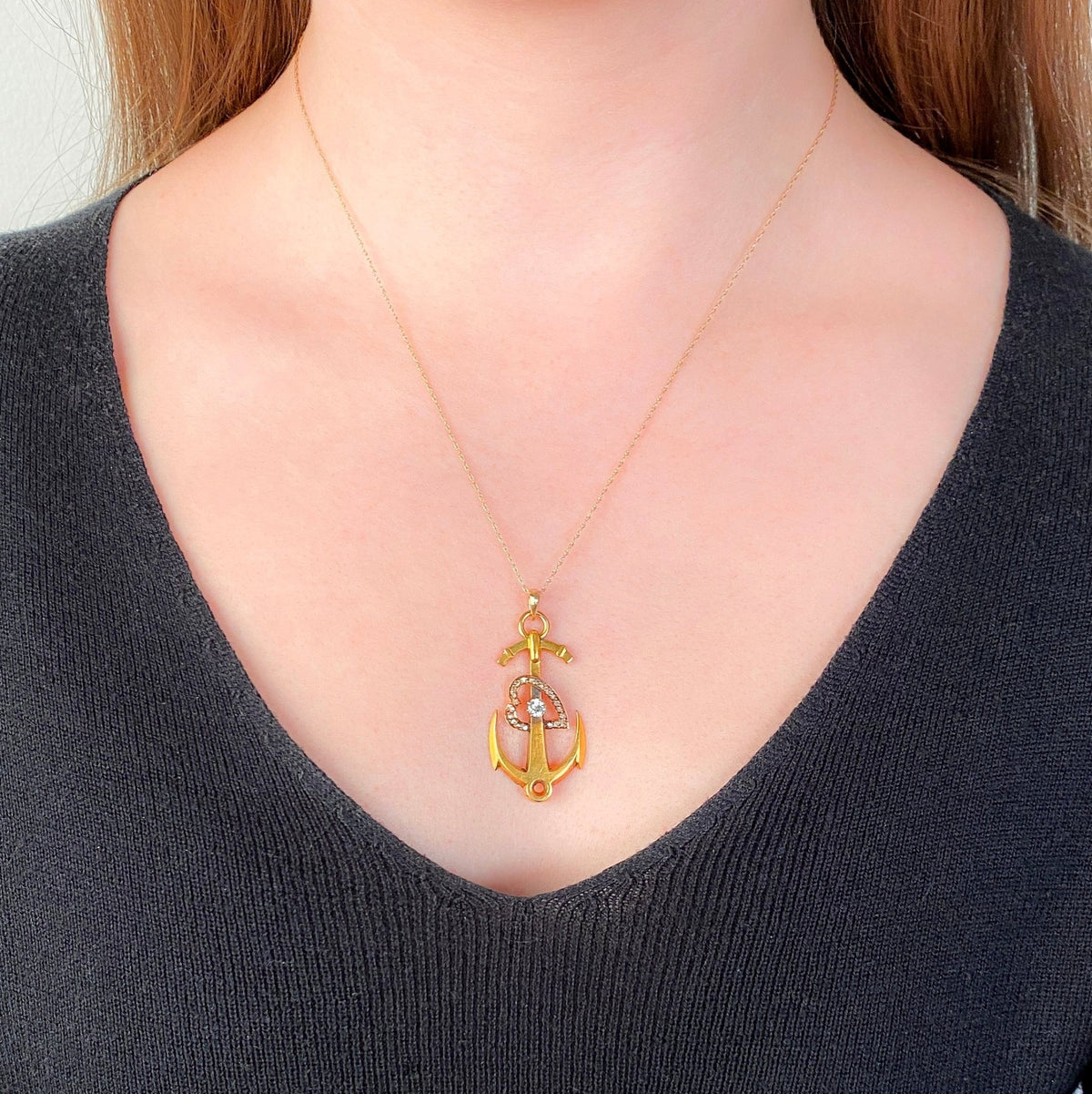 RESERVED - Antique Anchor with Diamond Heart Pendant of 18k Gold - Trademark Antiques
