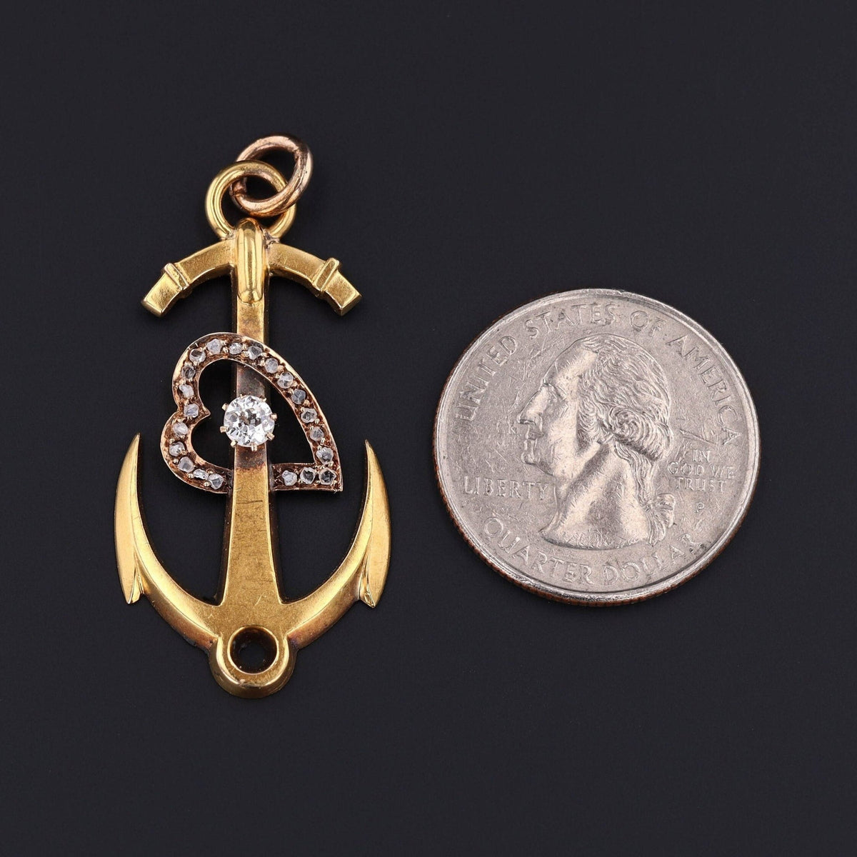 RESERVED - Antique Anchor with Diamond Heart Pendant of 18k Gold - Trademark Antiques