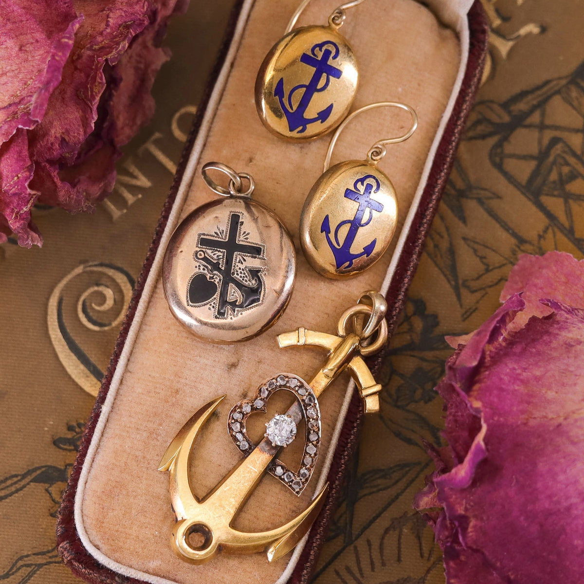 RESERVED - Antique Anchor with Diamond Heart Pendant of 18k Gold - Trademark Antiques