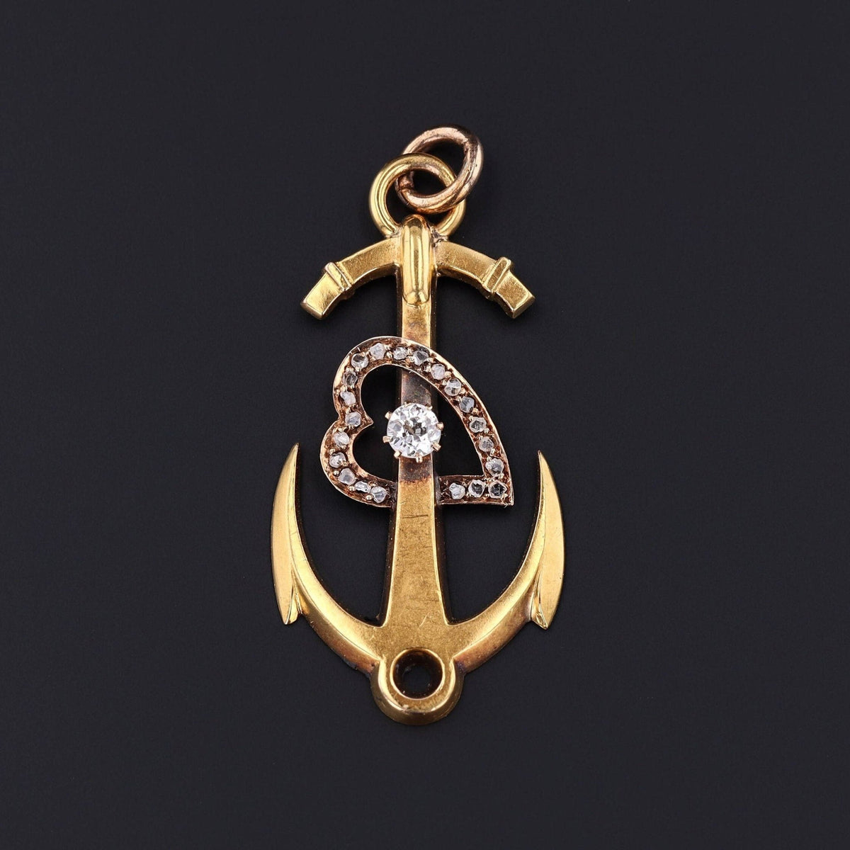 RESERVED - Antique Anchor with Diamond Heart Pendant of 18k Gold - Trademark Antiques