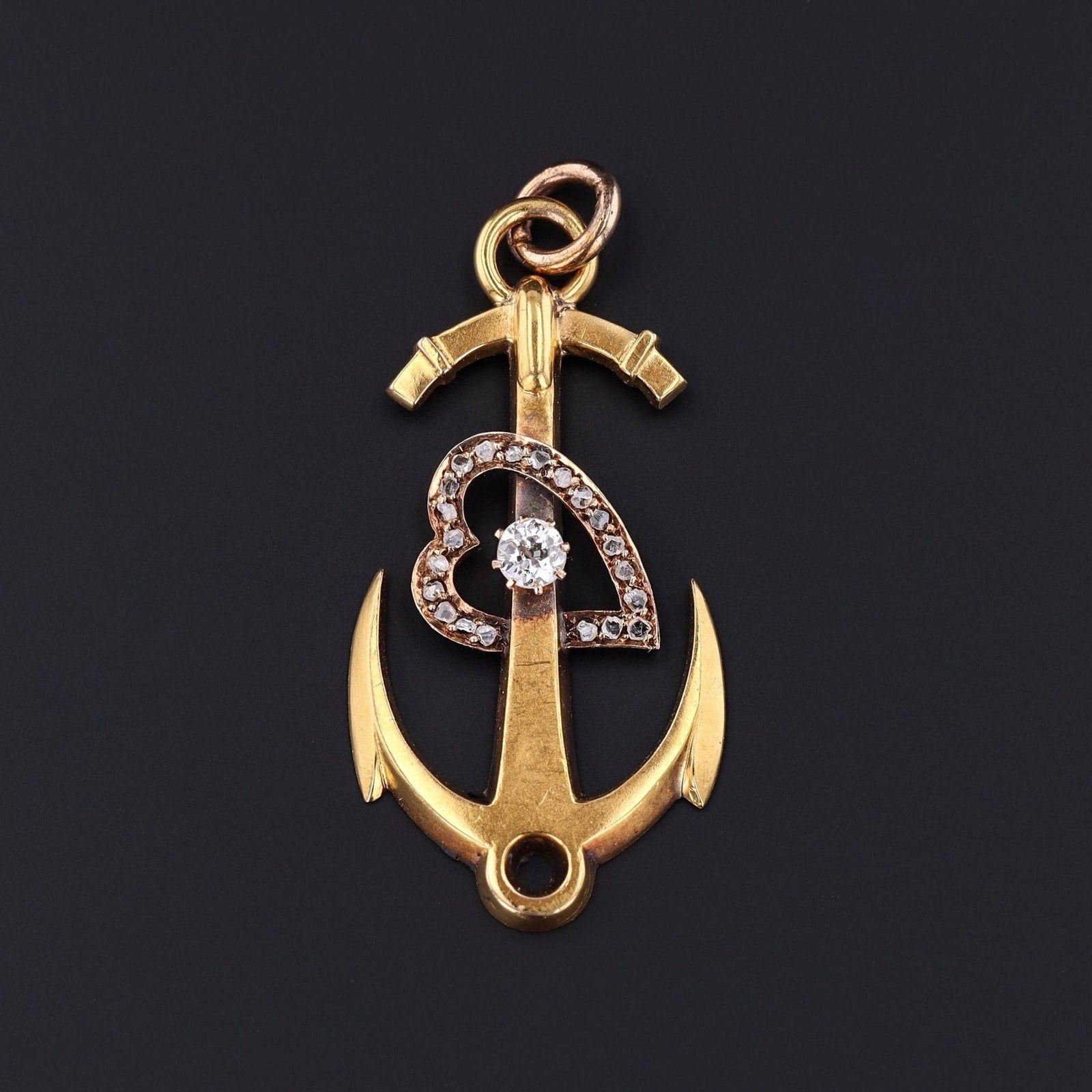 RESERVED - Antique Anchor with Diamond Heart Pendant of 18k Gold - Trademark Antiques