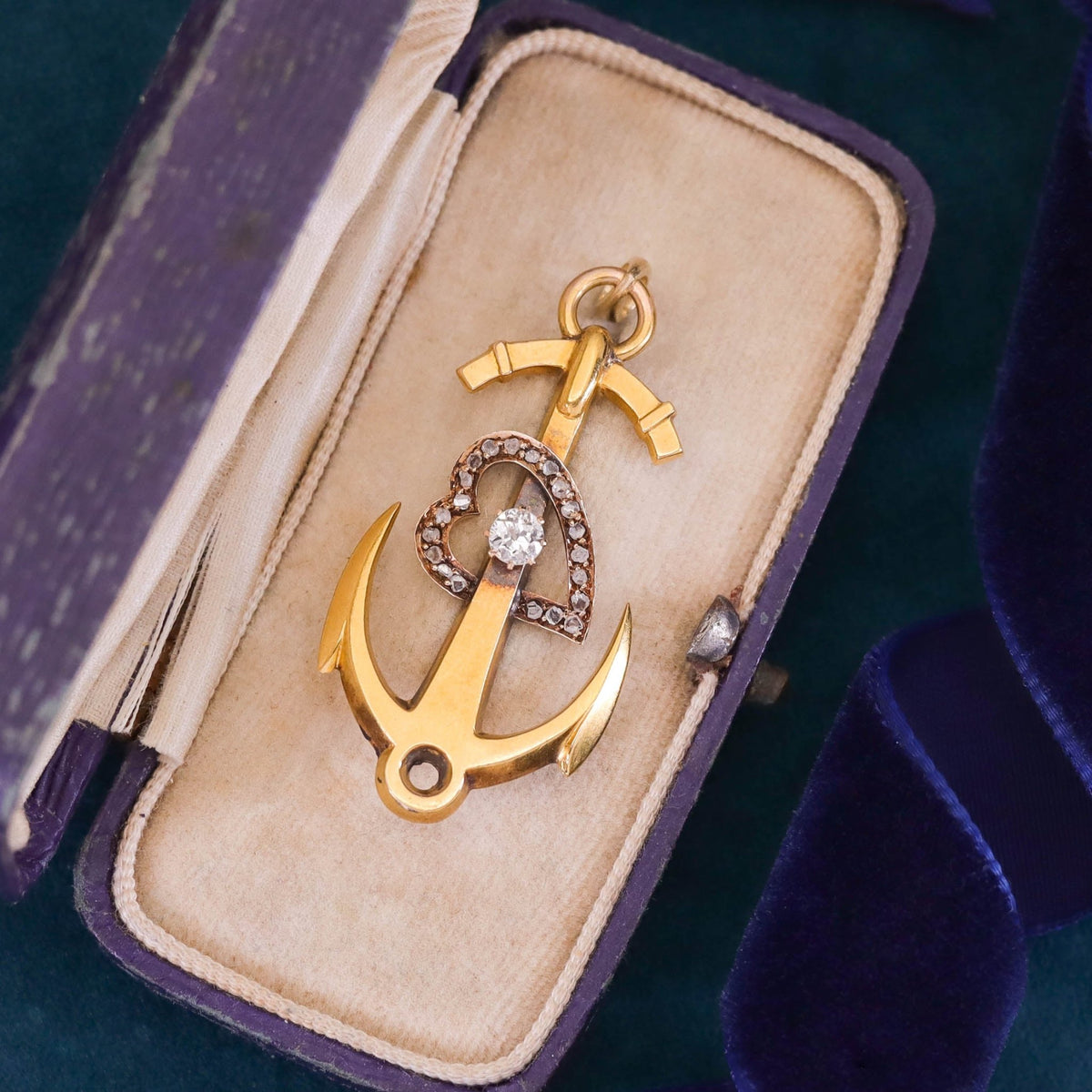 RESERVED - Antique Anchor with Diamond Heart Pendant of 18k Gold - Trademark Antiques