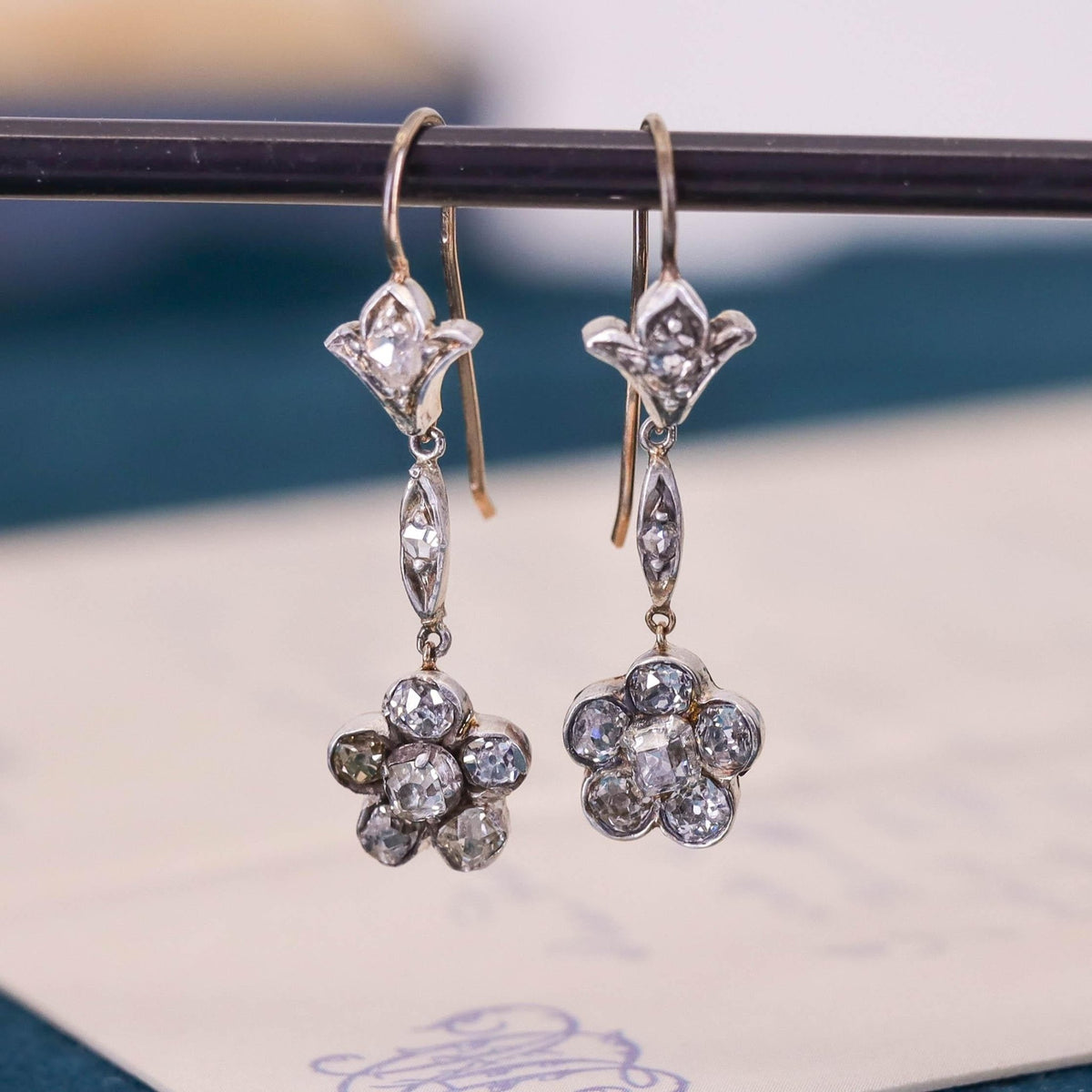 RESERVED - Antique Diamond Flower Earrings of Silver and 15ct Gold - Trademark Antiques