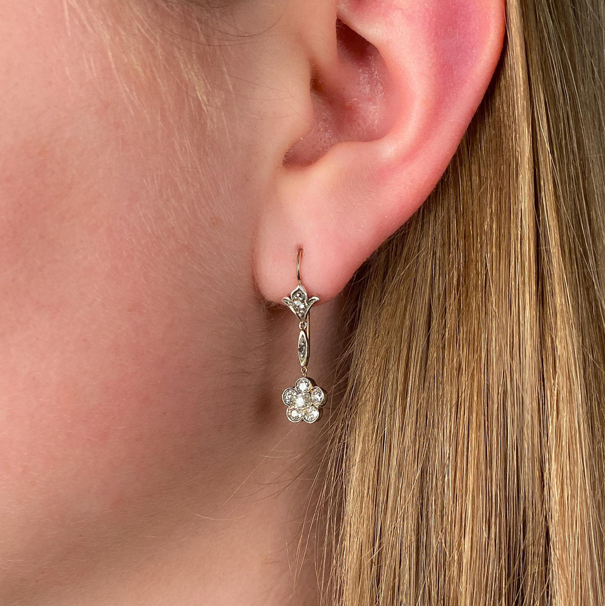 RESERVED - Antique Diamond Flower Earrings of Silver and 15ct Gold - Trademark Antiques