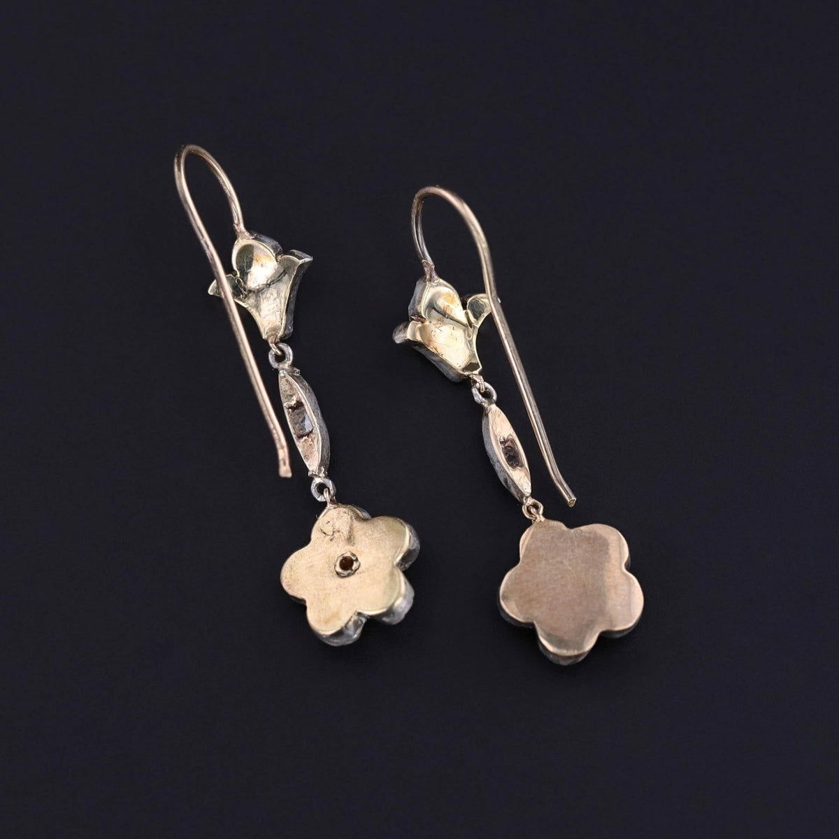 RESERVED - Antique Diamond Flower Earrings of Silver and 15ct Gold - Trademark Antiques
