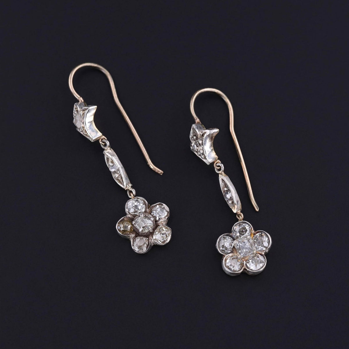 RESERVED - Antique Diamond Flower Earrings of Silver and 15ct Gold - Trademark Antiques