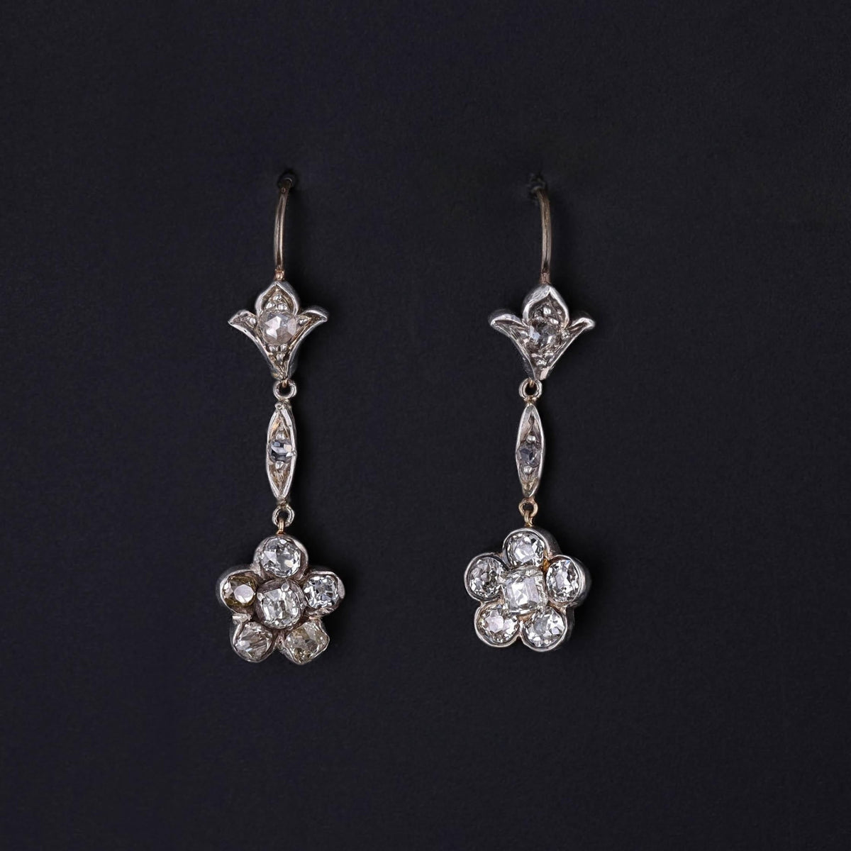 RESERVED - Antique Diamond Flower Earrings of Silver and 15ct Gold - Trademark Antiques