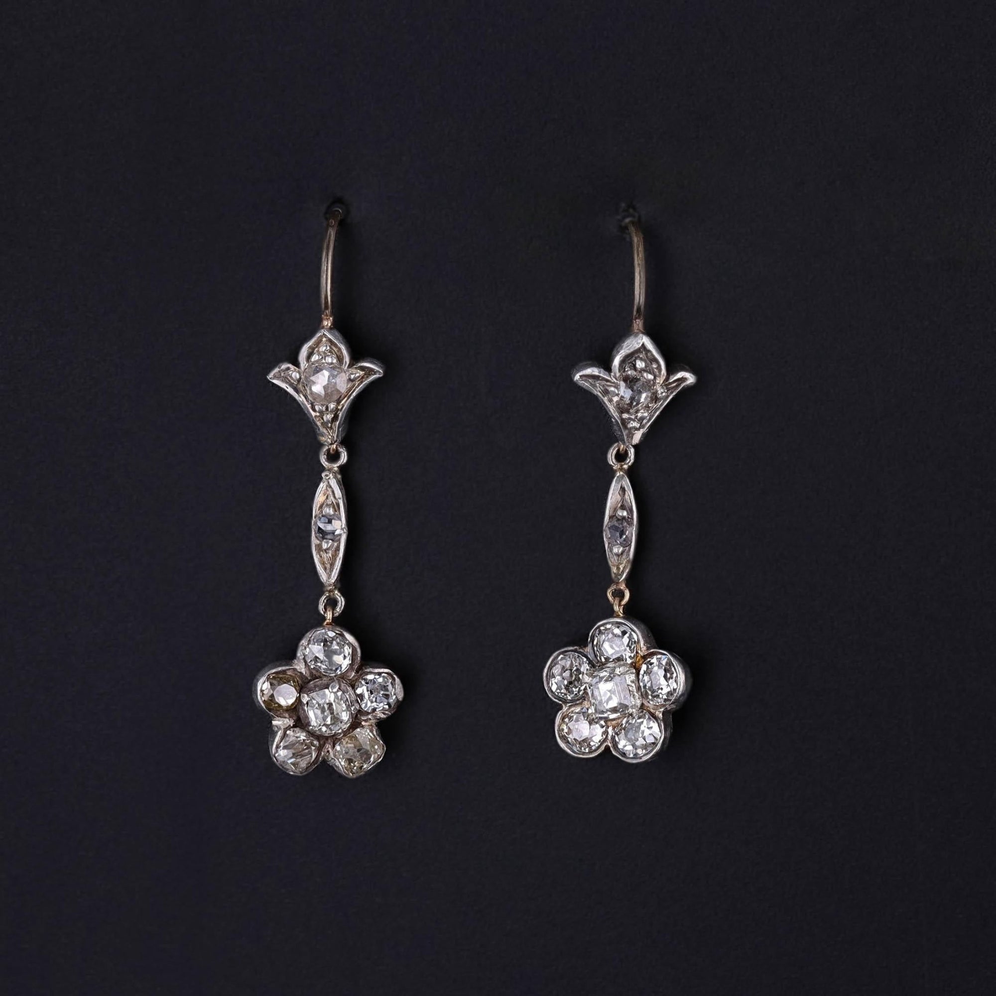 RESERVED - Antique Diamond Flower Earrings of Silver and 15ct Gold - Trademark Antiques