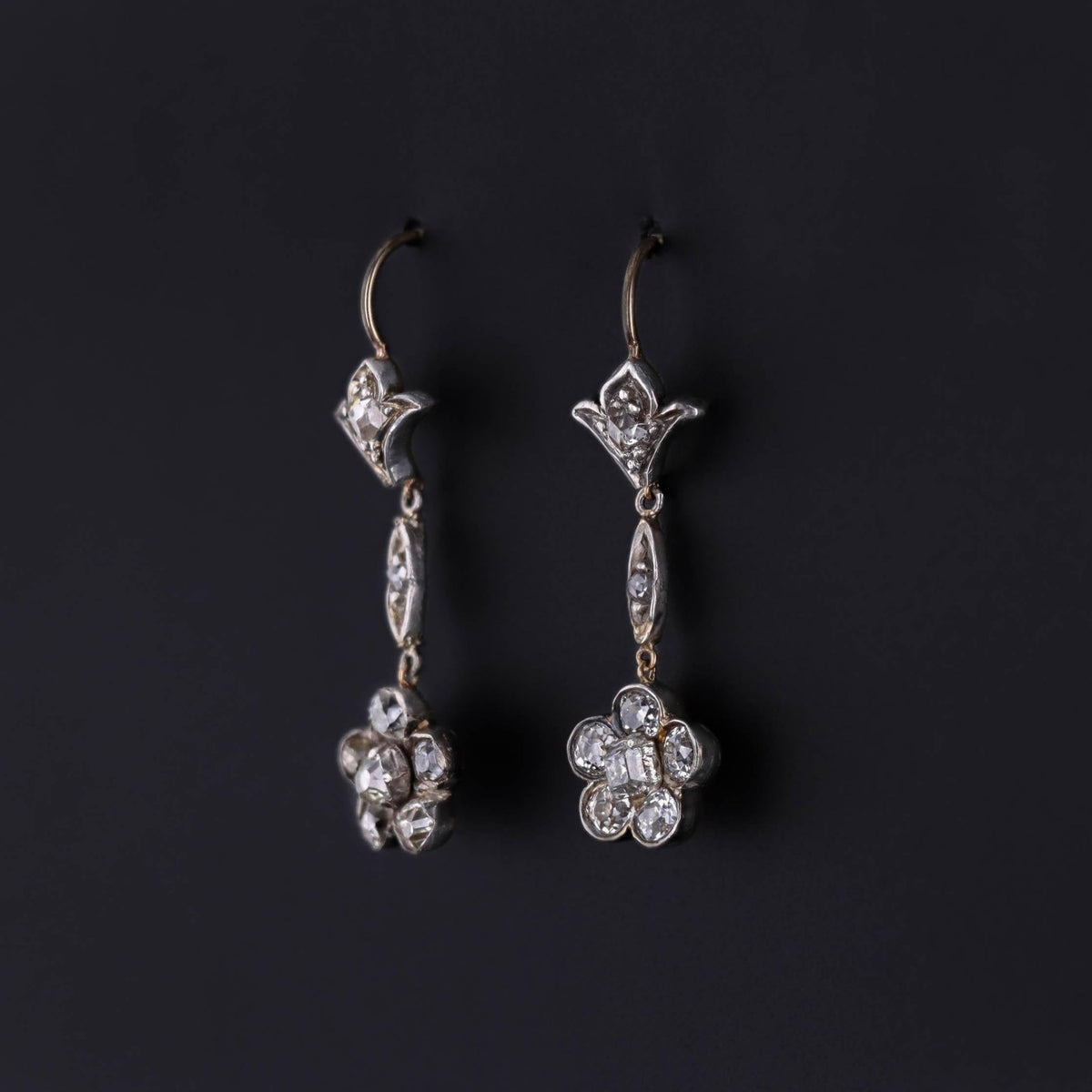 RESERVED - Antique Diamond Flower Earrings of Silver and 15ct Gold - Trademark Antiques