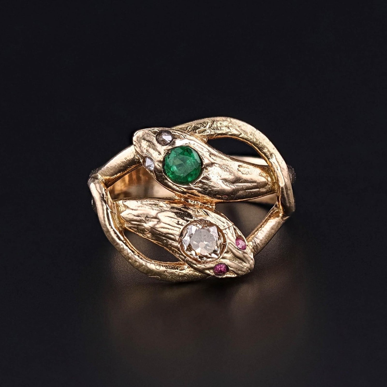 RESERVED for C - Vintage Emerald and Diamond Snake Ring of 18k Gold - Trademark Antiques