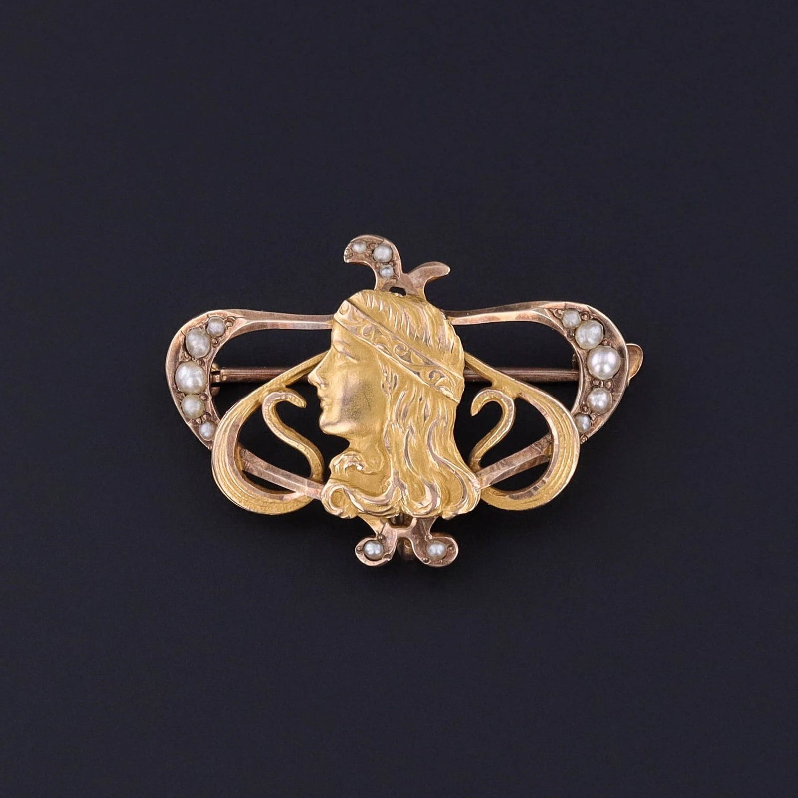 RESERVED FOR M= Art Nouveau Brooch of 10k Gold - Trademark Antiques