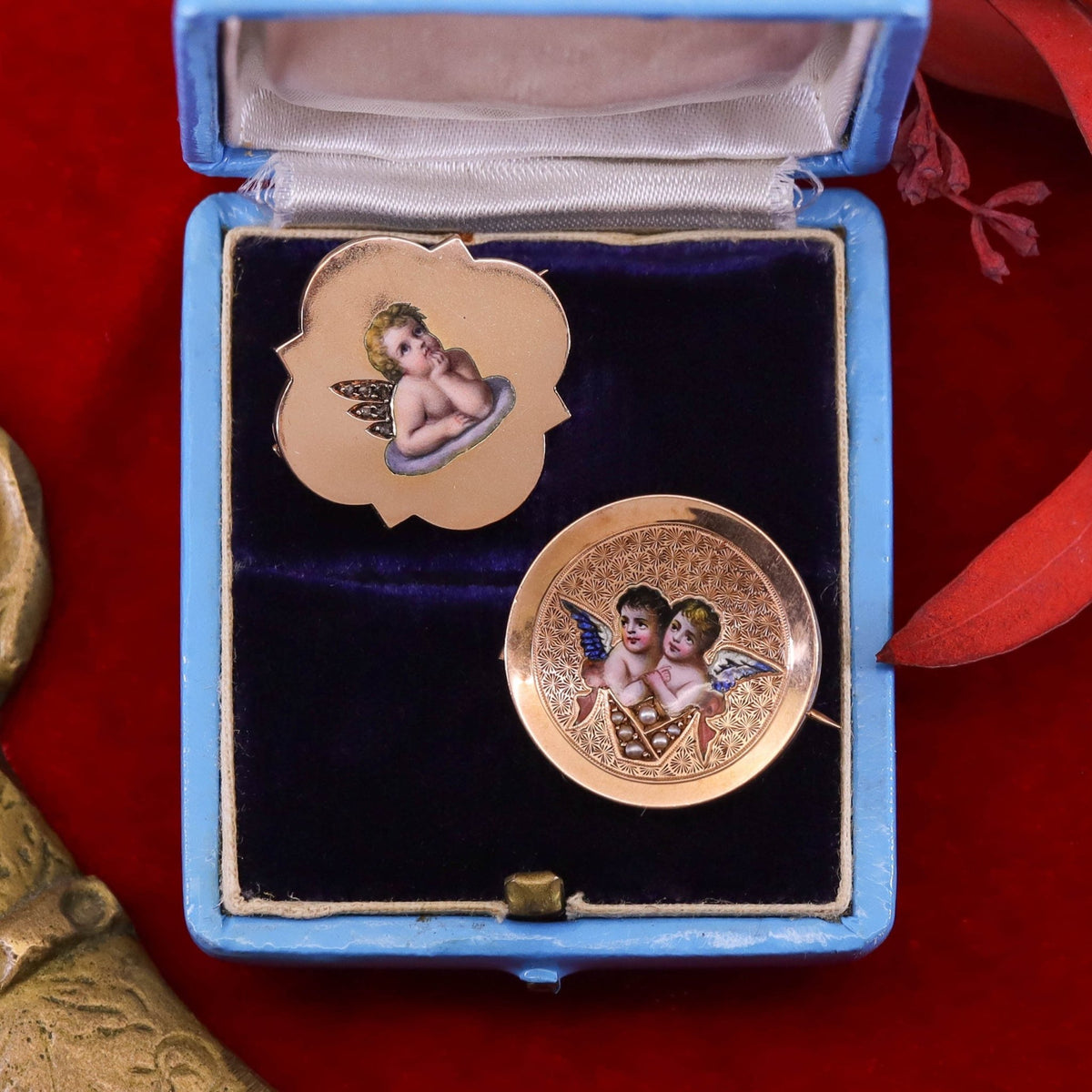 RESERVED for R. - Antique Enamel Cherub Brooch of 14k Gold - Trademark Antiques