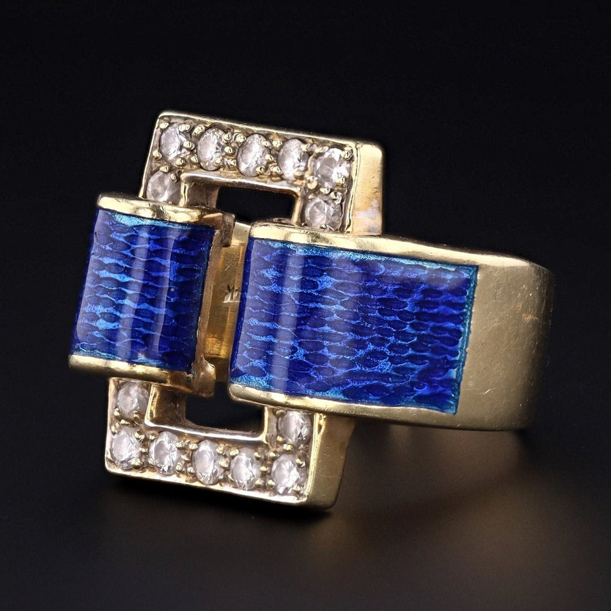 RESERVED - Mid - Century Blue Enamel and Diamond Buckle Ring of 14k Gold - Trademark Antiques