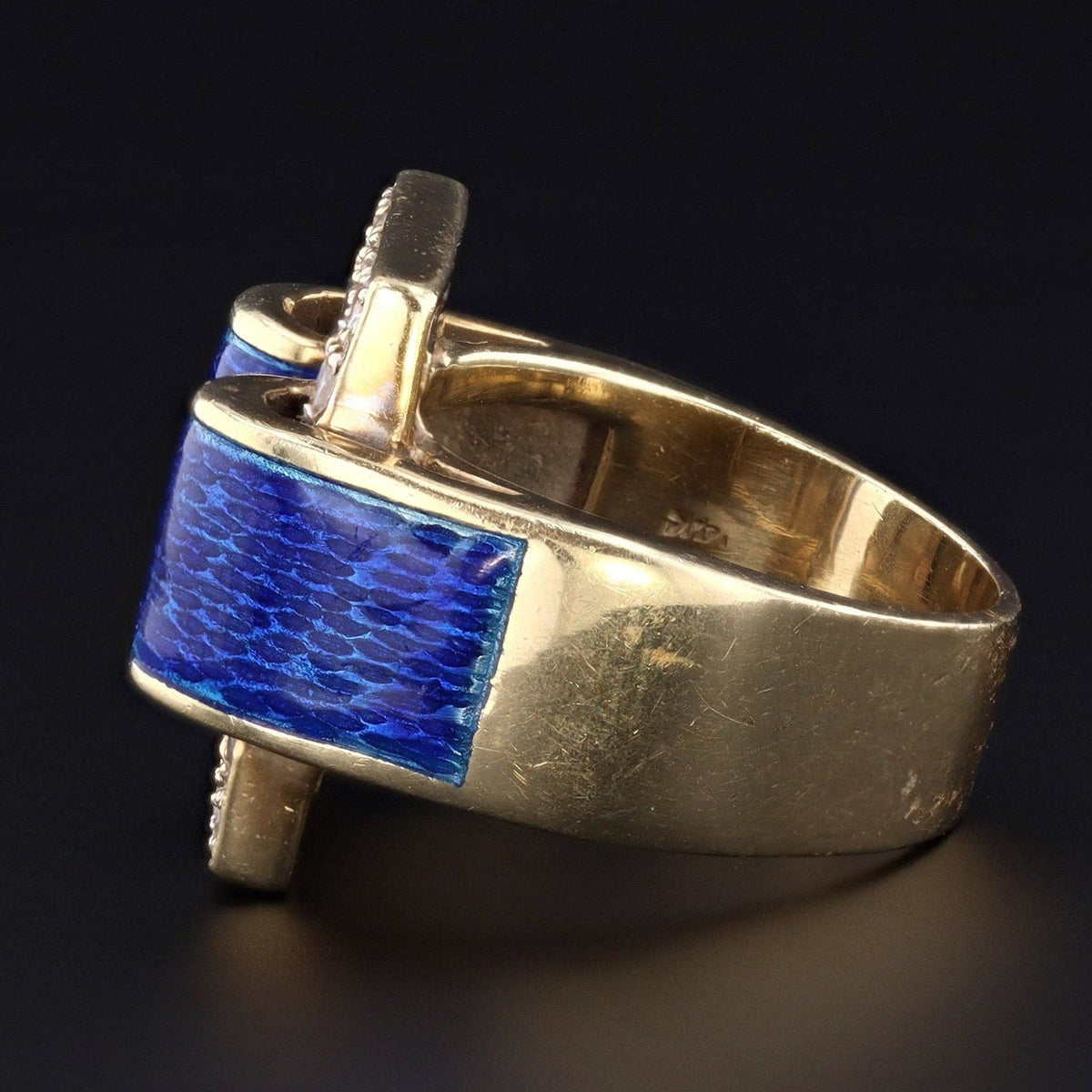 RESERVED - Mid - Century Blue Enamel and Diamond Buckle Ring of 14k Gold - Trademark Antiques
