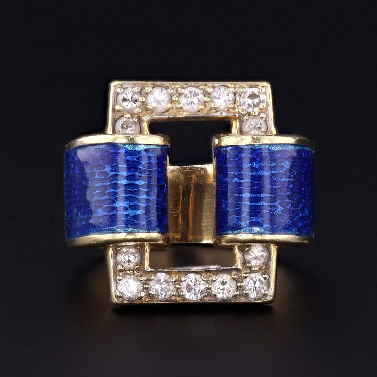 RESERVED - Mid - Century Blue Enamel and Diamond Buckle Ring of 14k Gold - Trademark Antiques